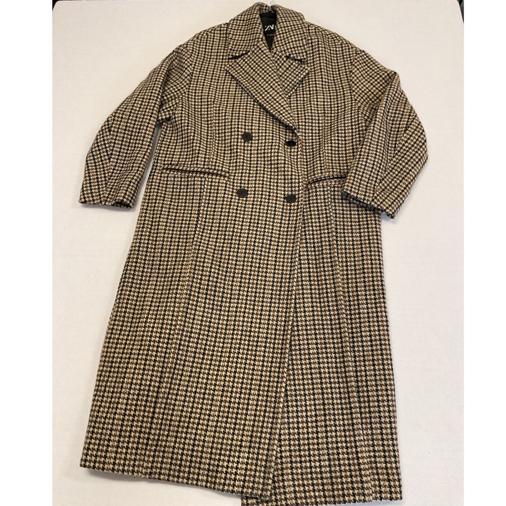 Zara Womens Houndstooth Wool Blend Double Breasted Long Coat Tan Black Brown M